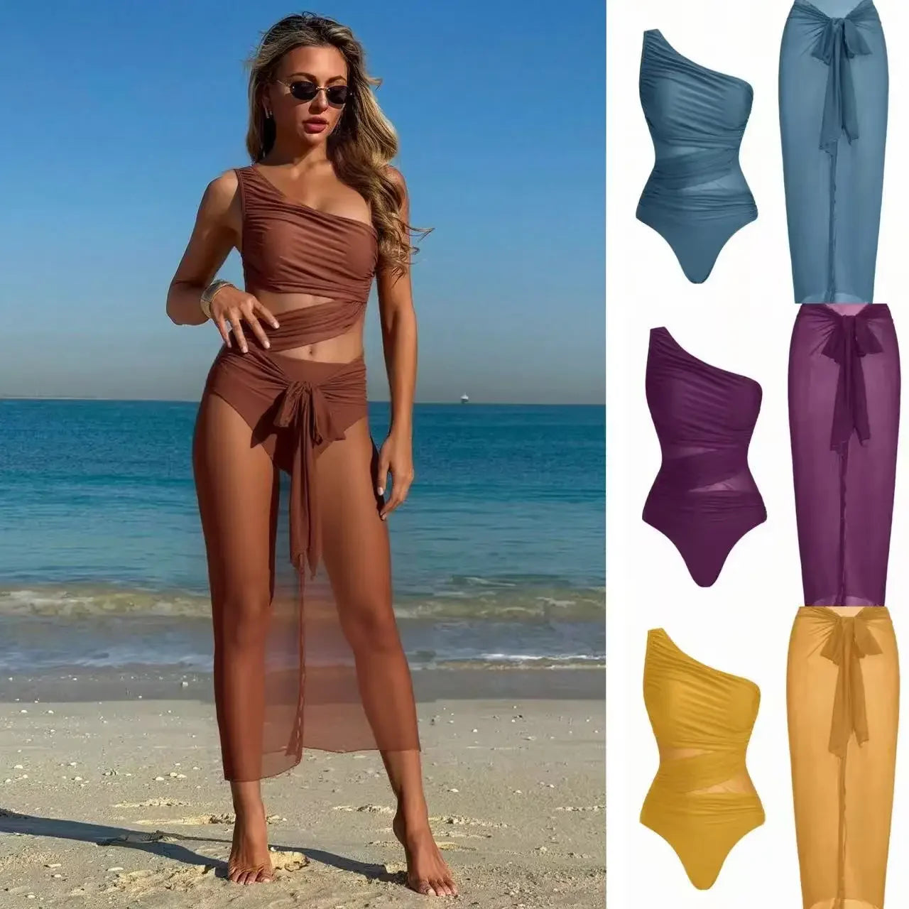 NEW Women 2 Piece One Shoulder Hollow Out Bikini Set High Waist Swimsuit With Sheer Mesh Beach Cover Up Pants Swimwear