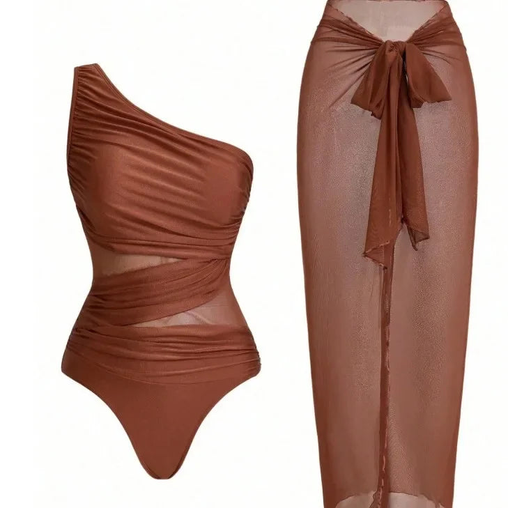 NEW Women 2 Piece One Shoulder Hollow Out Bikini Set High Waist Swimsuit With Sheer Mesh Beach Cover Up Pants Swimwear