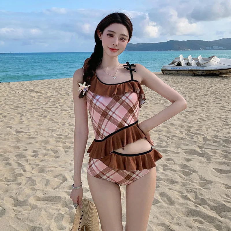 Women's 2025 New Fashion Trendy Cottagecore Style Coffee Color Block One-Piece Swimsuit Ruffled Modest Design-Focused Swimwear