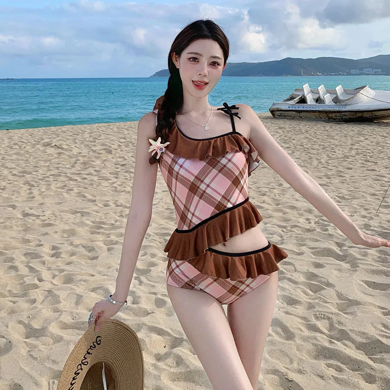 Women's 2025 New Fashion Trendy Cottagecore Style Coffee Color Block One-Piece Swimsuit Ruffled Modest Design-Focused Swimwear
