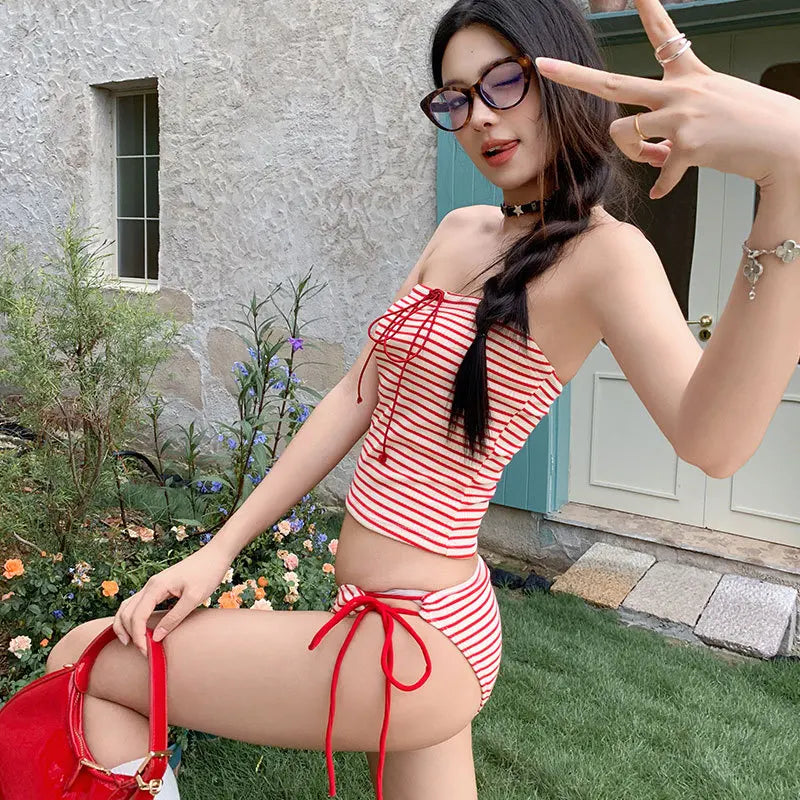 New Korean INS Stripe Bikini Set Women Hot Girl Split Triangle Tie Side Beach Vacation Spa Swimsuit