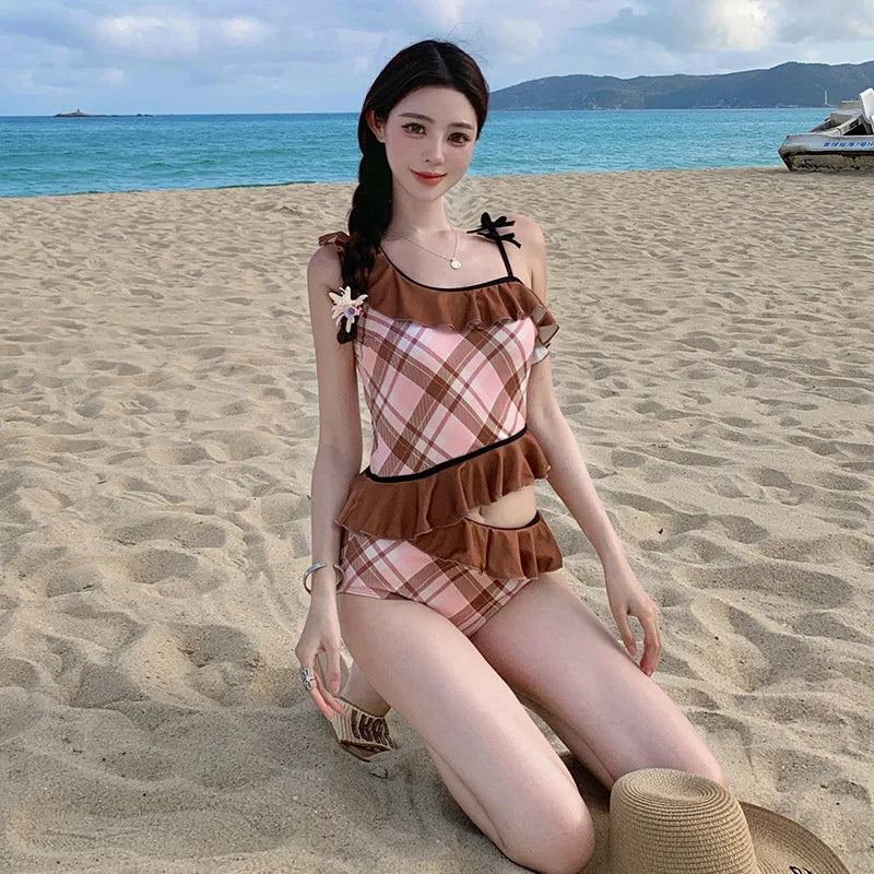 Women's 2025 New Fashion Trendy Cottagecore Style Coffee Color Block One-Piece Swimsuit Ruffled Modest Design-Focused Swimwear